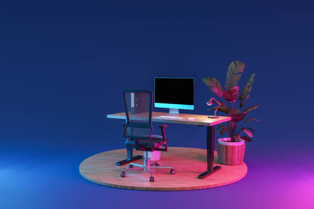istock single isolated computer workspace on wooden podium with adjustable desk and plant; freelance and home office concept; 3D Illustration 1488863159