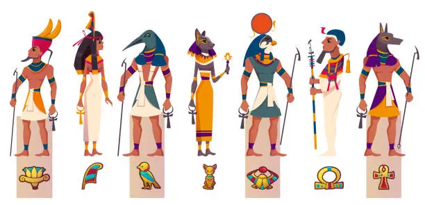 Vector illustration of Set of ancient Egyptian gods and goddesses with religious symbols