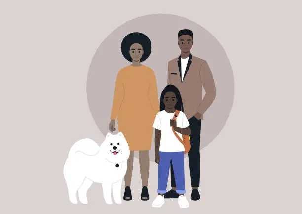 Vector illustration of A full length family portrait with a dog, a mother, a father, a daughter, and their samoyed puppy