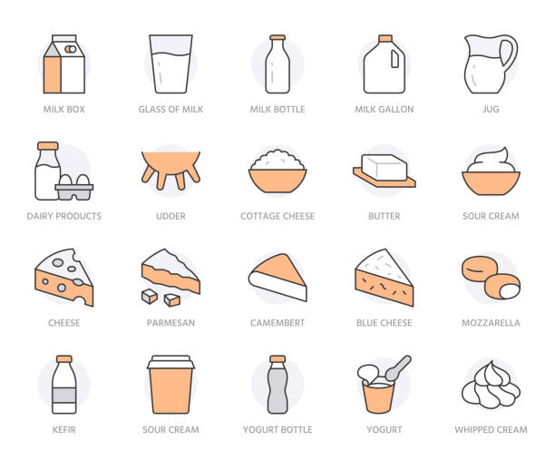 icon-set für milchprodukte. krug, kefir, eier, kuheuter, hüttenkäse, flasche, joghurt, cheddar minimale vektorillustration. einfaches umrissschild für milchfutter. orangefarbene farbe. bearbeitbarer strich - quark stock-grafiken, -clipart, -cartoons und -symbole