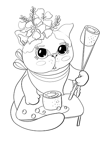 hand draw contour line illustration cartoon childish style cute animal cat girl with big eyes holding chopsticks for sushi food rolls asian sticker design printable coloring pages and media logo