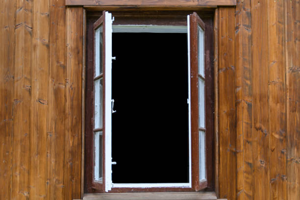 istock Old wooden window, brown window frame, vintage open 1488870997