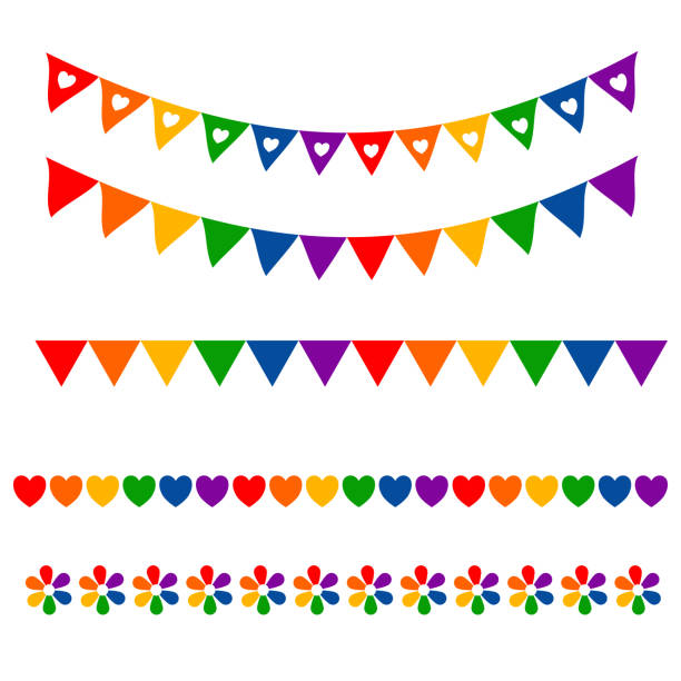 무지개 깃발은 lgbt 게이와 레즈비언 프라이드 상징, 별, 심장을 설정합니다. 아이콘 템플릿 현대 평면 벡터 일러스트레이션 세련된 디자인 요소 - heart shape gay pride gay pride flag lesbian stock illustrations