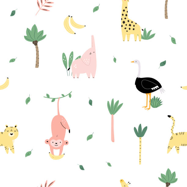 nahtloses muster auf weißem hintergrund mit lustigen afrikanischen tieren - affe, tiger, elefant, giraffe, strauß - cartoon monkey animal tree stock-grafiken, -clipart, -cartoons und -symbole
