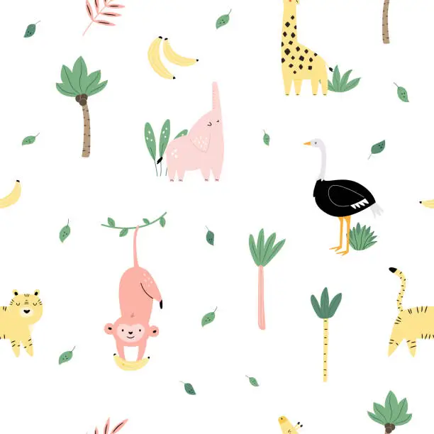 Vector illustration of Seamless pattern on white background with funny african animals - monkey, tiger, elephant, giraffe, ostrich