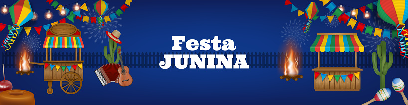 festa junina background with colorful lanterns, pennants and stalls. brazilian june festival banner vector