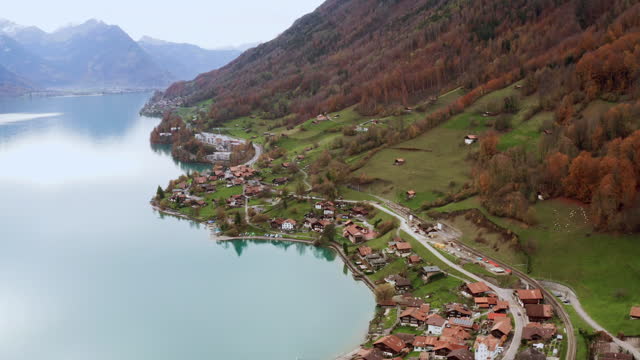 Drone aerial view of Lake Geneva Switzerland Swiss and French Alps, Vevey Vaud and city scenery landscape Switzerland