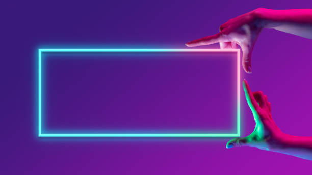 istock Human hands interacting in motion with geometric glowing figure, rectangle over minimal gradient purple background in neon light 1488880022