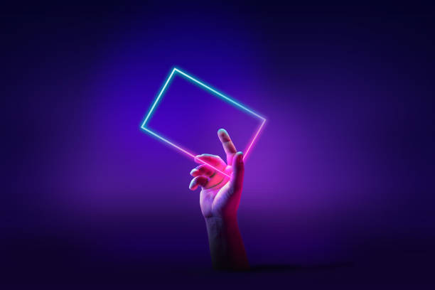 istock Human hand interacting with geometric glowing figure, rectangle over abstract minimal violet background in neon light 1488880093