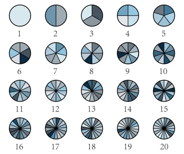 Vector illustration of Vector colors various number of sectors divide equally the circle symbol isolated on white background