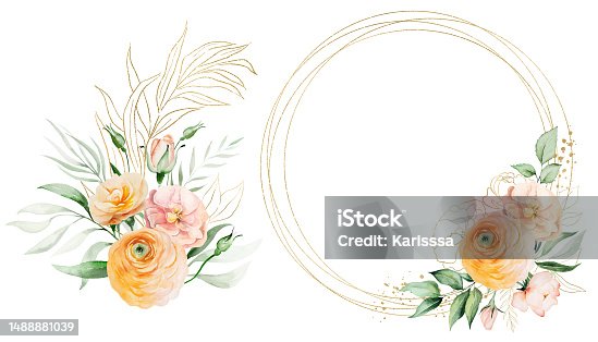 istock Frame and bouquet made with orange and yellow watercolor flowers, isolated wedding illustration 1488881039