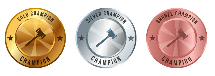 Court hammer law auction competition gold silver bronze medal championship contest award vector