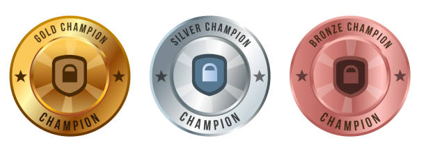 ilustrações de stock, clip art, desenhos animados e ícones de security hacking encryption privacy security shield symbol emblem badge competition winner gold silver bronze - shield bronze gold silver