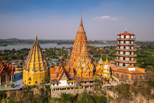 Aerial view of the Wat Tham Suea and Wat Tham Kao Noi in Kanchanaburi, Thailand.