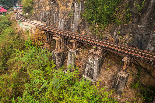 Tham Krasae Railway Bridge over the river Kwai of Death Railway in Kanchanaburi. It was built over during World-war II of only 17 days during the spring of 1943.