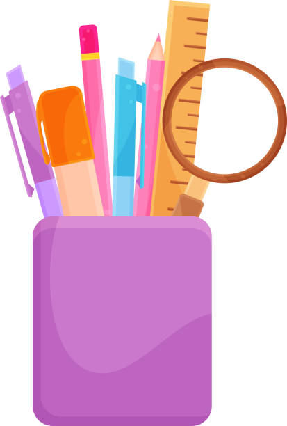 ilustrações de stock, clip art, desenhos animados e ícones de bright vector illustration of stationery in a purple glass, school and office supplies, back to school - education childhood school drawing compass