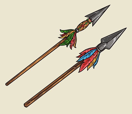 Indian spears colorful detailed emblem with sharp metal tips and feathers for battle between polynesian tribes vector illustration