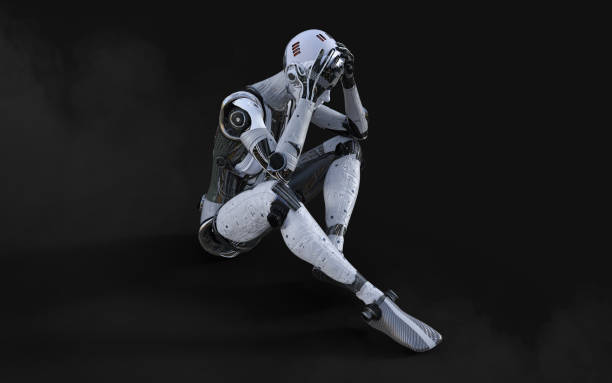 istock A woman AI cyborg pose on black background 1488890753