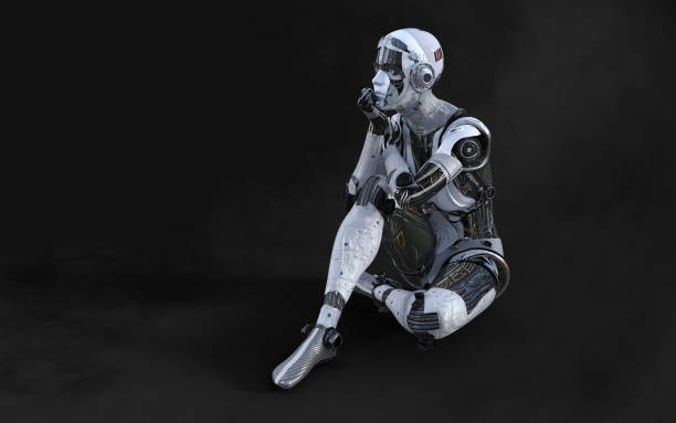 istock A woman AI cyborg pose on black background 1488890776