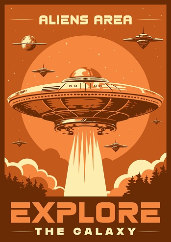 UFO ship vintage flyer monochrome with flying saucers over forest during invasion of martians on planet earth vector illustration
