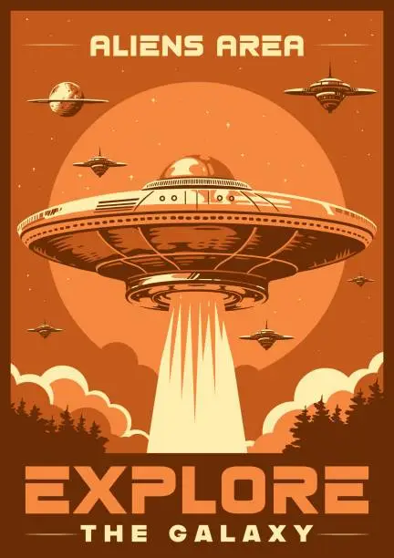 Vector illustration of UFO ship vintage flyer monochrome