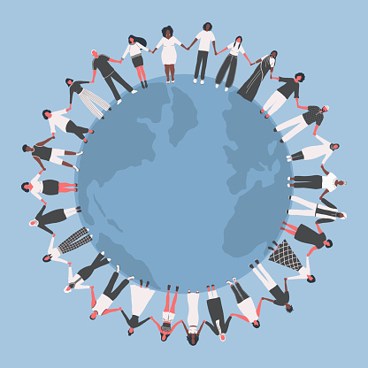 large group of people. Men and women are holding hands, stand around the world map. Multicultural group of people. Vector illustration