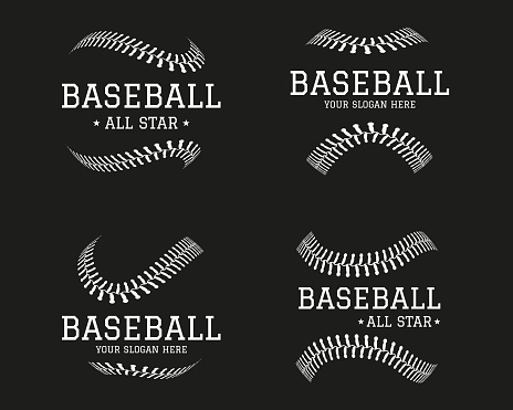 Softball icon set, baseball icons, ball icons. Sport league graphic design, base leather, american game team. White elements on black background. Curve stitches pattern vector abstract illustration