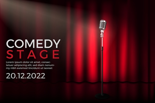 Theater stage. Standup performance banner. Light beam. Realistic curtain and microphone. Music spot. Spotlight on comedy scene. Red backdrop. Comedian mic. Entertainment show. Vector design background