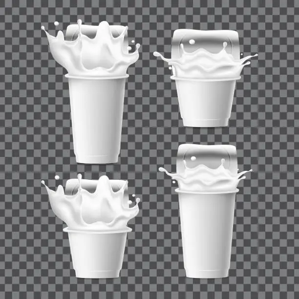 Vector illustration of 3D containers with yogurt splash. Milk products. Plastic cup for yoghurt and sour cream. Dairy packaging can. Cylinder jar. Liquid white splatters. Food packages set. Vector pack mockup