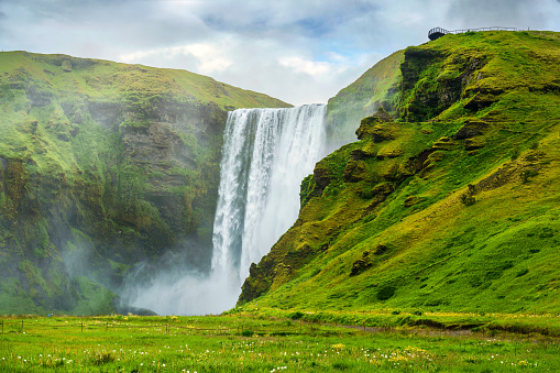 Beautiful scenery of Lush Skogafoss waterfall flowing in summer at South of Iceland
