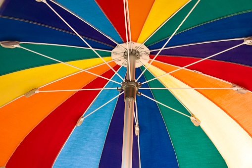 Close-up colorful umbrella on sky background in summer