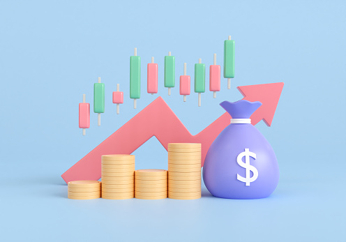 3d render trading investment bag money and coin stack. business trading and arrow growth concept. savings, income and returns. stock market and candlestick chart rising. 3d Rendering illustration.