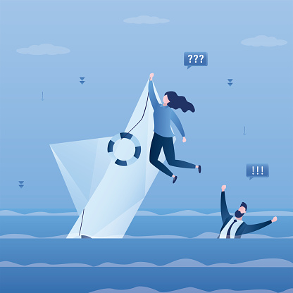 Hopeless businesspeople on shipwrecked. Stupid business leader holding to paper boat. Life or business stuck, struggle with problem or obstacle. Mistake cause hopeless situation, business difficulty.