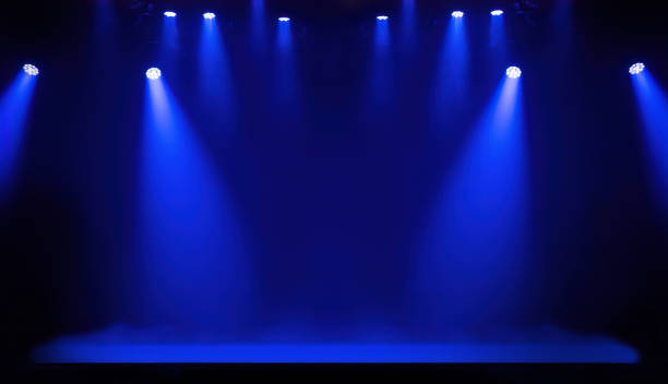 istock Light on a free stage, scene with blue spotlights 1488902992