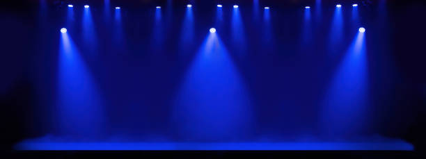 istock Light on a free stage, scene with blue spotlights 1488903013