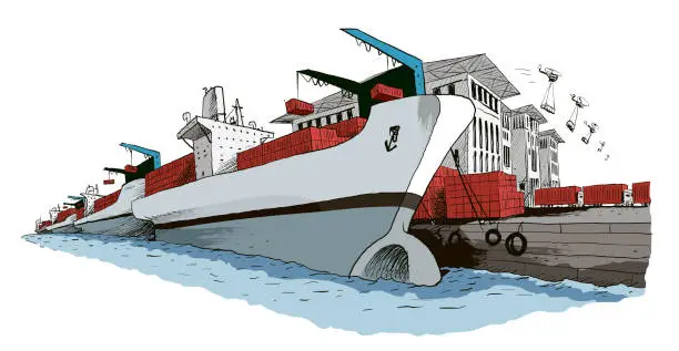 Vector illustration of Loading and unloading containers on ships at the port