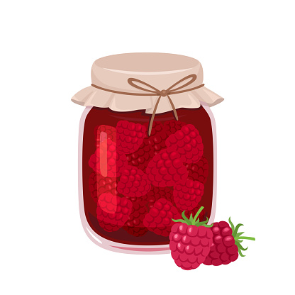 Raspberry jam in glass jar and fresh berry. Vector cartoon flat illustration. Homemade sweet food icon.