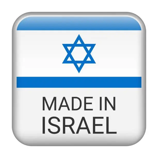 Vector illustration of Made in Israel badge vector. Sticker with stars and national flag. Sign isolated on white background.