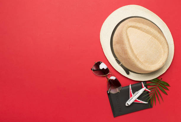 istock Traveler accessories on color background, top view 1488904445