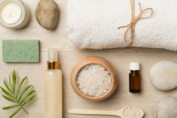 istock Composition with spa products on wooden background, top view 1488905107