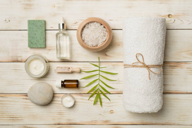 istock Composition with spa products on wooden background, top view 1488905130