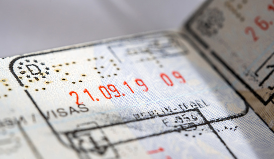 Close up macro detail of European Union border control customs admission stamp. International travel visa passport stamp