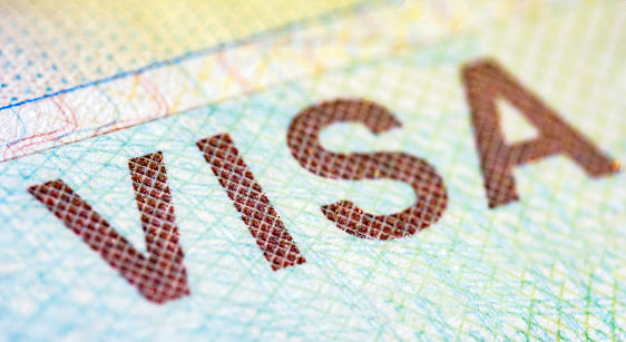 Internationa visa in passport close up view