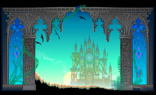 istock Fantasy fairy tale environment. Landscape with ruined gothic castle and stained glass. Background for computer game, mural wallpaper, decoration, theatrical scenery. Vector drawing of lost world. 1488905510