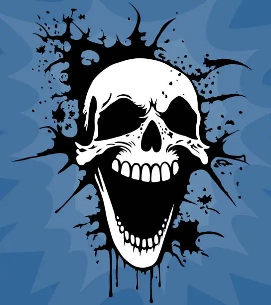 Vector illustration of Cheerful skull in tattoo style. Vector illustration on a blue gradient background. Screaming human skull.