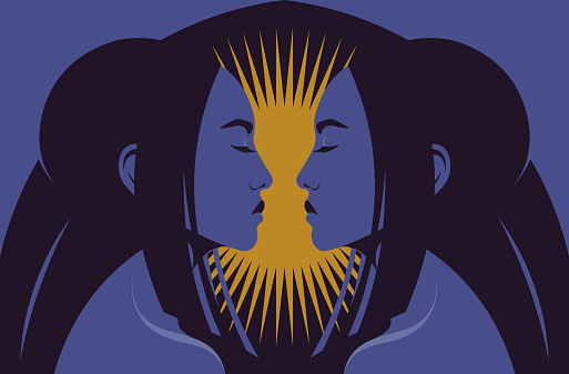 Portraits of two Asian women in profile. The faces of the twin sisters on a dark background. Gemini. Horoscopes and astrology. Side view. Vector flat illustration