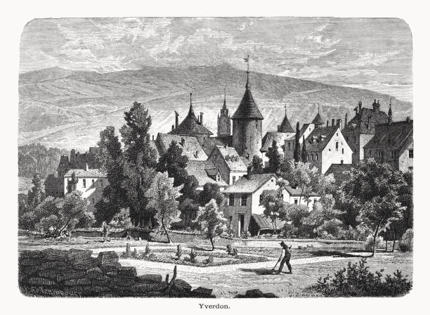 Historical view of Yverdon-les-Bains - a municipality in the district of Jura-Nord vaudois of the canton of Vaud in Switzerland. Wood engraving after a drawing by Julius Zimmermann (German painter, 1824 - 1906), published in 1877.