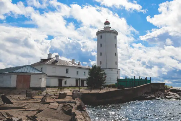 Tolbukhin island lighthouse, Saint-Petersburg, Kronstadt, Gulf of Finland view, Russia in summer sunny day, lighthouses of Russia travel