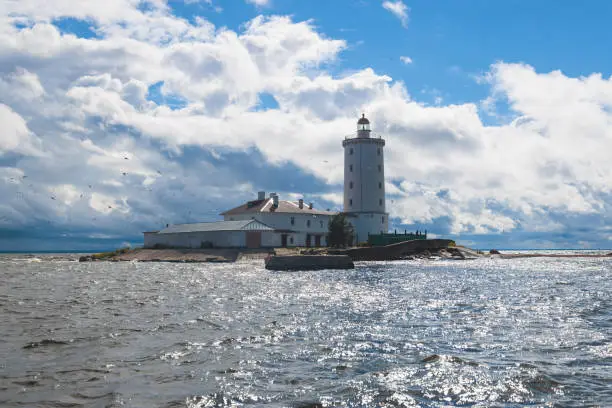 Tolbukhin island lighthouse, Saint-Petersburg, Kronstadt, Gulf of Finland view, Russia in summer sunny day, lighthouses of Russia travel