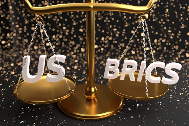 The US and BRICS scale situation of US and BRICS. Complex and dynamic relationship. brics stock pictures, royalty-free photos & images